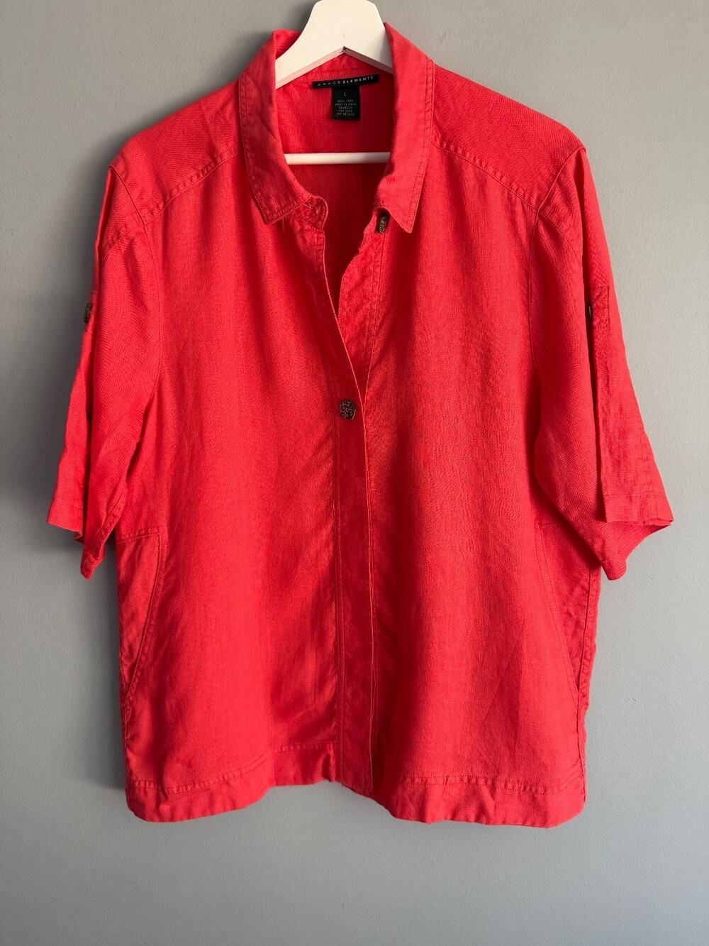 Grace Elements Linen Shirt Blouse Size L Coral Short Sleeve Boho Coastal Chic